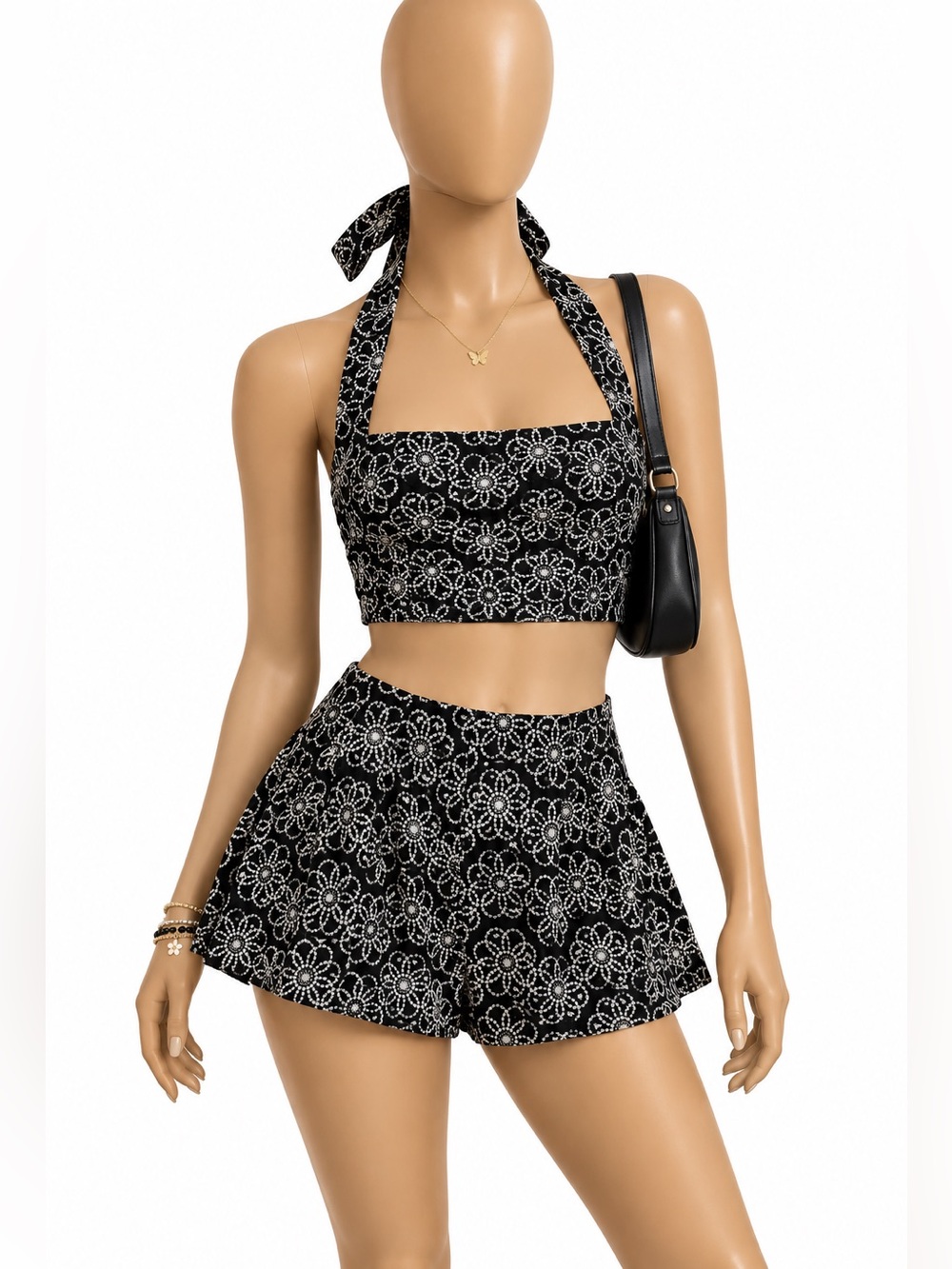 NWT Luxxel Black & White Floral Eyelet Two Piece Crop Top Shorts Set Small